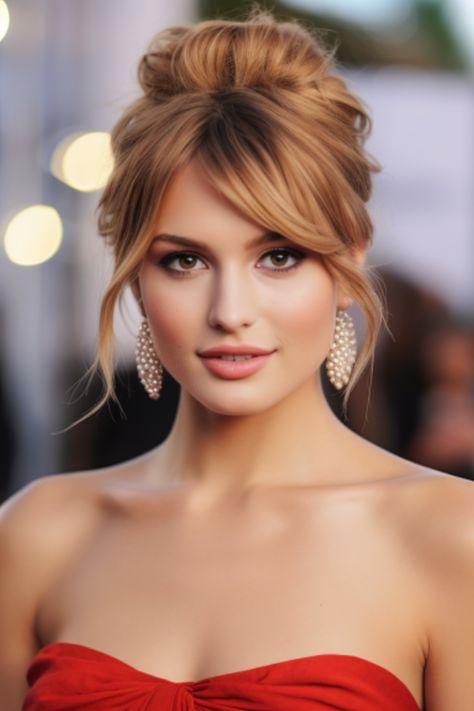 If you want to look beautiful, go for the elegant updo with cascading bangs that are perfect for red-carpet events. This hairstyle features a bun updo paired with cascading bangs that add a touch of drama. Click here to check out more waterfall fringe bangs hair ideas. Bangs Updo, Brides Made, Hairstyles Design, Red Carpet Hair, Guest Hair, Ball Hairstyles, Wedding Guest Hairstyles, Messy Bun Hairstyles, Wedding Hair Inspiration