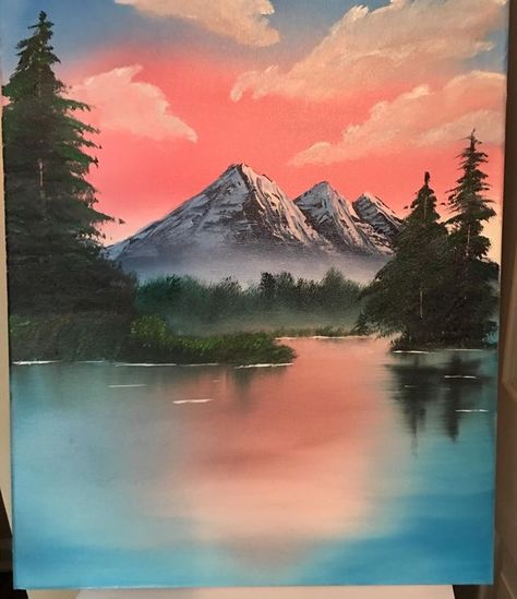 Mountain Painting Bob Ross, Bob Ross Inspired Paintings, Painting Ideas Bob Ross, Calm Nature Drawing, Scenic Painting Acrylic, Painting Ideas Landscape Acrylic, Calm Painting Ideas, Bob Ross Mountain Paintings, Bobross Bob Ross Paintings