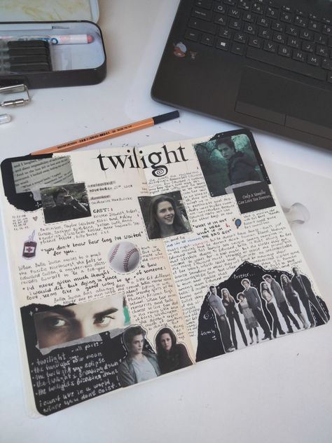 Twilight Journal Ideas, Twilight Journal Page, Twilight Book Pages, Reading Journal Scrapbook, Twilight Doodles, Twilight Notebook, Twilight Sketches, Film Journal Aesthetic, Twilight Diy