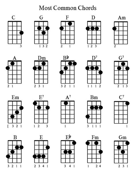 Most commonly used ukulele chords! I made this chart to urge myself into learning more than just the top 6. Ukelele Basic Cords, Basic Ukulele Chords Chart, Ukulele Basic Chords, Looking Out For You Ukulele Chords, Simple Ukulele Songs, Ukulele Cords, Kunci Ukulele, Akordy Na Ukulele, Ukelele Chords Ukulele Songs