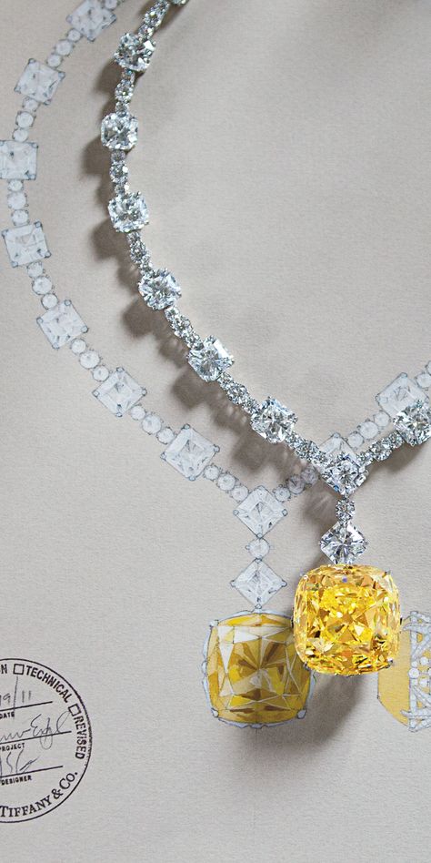 For Tiffany’s 175th anniversary in 2012, the priceless Tiffany Diamond was reset in a magnificent necklace of white diamonds.The famous yellow Tiffany diamond in its new setting with the 128.54-carat yellow diamond and white diamonds totaling more than 120 carats. Via The Jewellery Editor. Jewelry Sketches, Yellow Sunshine, Jewelry Rendering, Tiffany Diamond, Jewelry Illustration, Fancy Necklace, Jewelry Drawing, Jewellery Sketches, Tiffany And Co