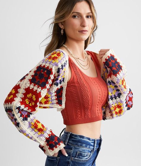 Willow & Root Granny Square Cropped Cardigan Sweater - Women's Sweaters in Multi | Buckle Crochet Granny Square Clothing, Granny Square Cropped Cardigan, Crochet Pattern Cardigan, Crochet Cardigan Outfit, Crochet Granny Square Pattern, Granny Square Pattern, Cropped Cardigan Sweater, Crochet Summer Tops, Sweater Women's