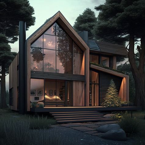 Japanese Modern Minimalist House, Modern House In The Woods Exterior, House With Big Windows Exterior, Tiny House Design Exterior, Barnhouse Homes, Cottage Style Interior Design, Black Farmhouse Exterior, Scandinavian Modern House, Houses On Wheels