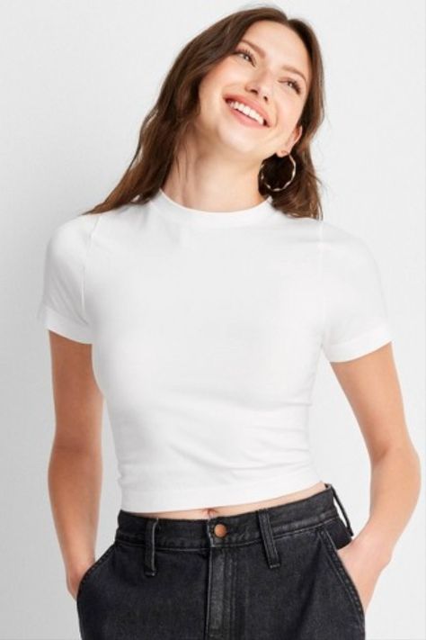 Elevate your everyday style with the Women's Seamless Jersey Crop Top from A New Day! 😍💃 Experience ultimate comfort and a sleek look with this versatile wardrobe essential. 👚✨ Best White T Shirt Women, Jersey Crop Top, 2023 Outfits, Cropped White Tee, Women Essentials, Slim Fit Shorts, Baby T Shirt, Womens Clothing Sizes, Summer 2023