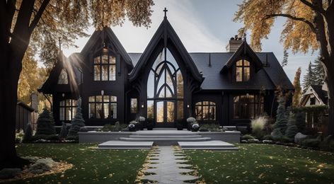 Modern Vampire House, Gothic Homes Exterior, Modern Gothic Architecture, Gothic House Exterior, Gothic Architecture House, Modern Gothic House, Gothic Modern House, Modern Gothic Home, Dark Modern House