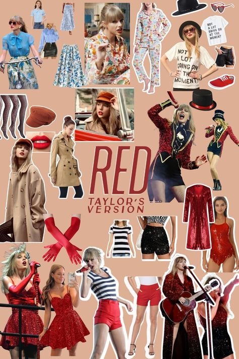 taylor swift red era outfit collage Taylor Swift Red Aesthetic Eras Tour, Taylor Swift Red Outfits Inspiration, Taylor Swift Red Concert Outfit Ideas, Taylor Swift Outfit Red Era, Taylor Swift Era Outfits Red, Eras Aesthetic Taylor Swift, Taylor Swift Red Era Outfit Inspiration, Taylor Swift Eras Outfits Red, Taylor Swift Outfits Concert Red