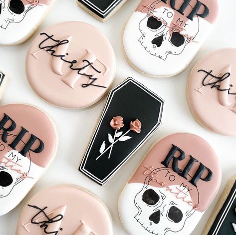 Dessert Table Ideas 30th Birthday, Decorated Cookies Birthday Woman, 30th Birthday Ideas For Women Pregnant, Epic 30th Birthday Ideas, 30 Cookies Decorated, Rip 30s Cookies, 29 Birthday Cookies, Black 30th Birthday Decor, 30 Year Old Birthday Themes For Her