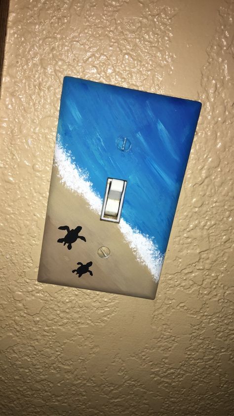 I painted the light switch cover in our walkway while my parents were alseep to see their reaction😬....... my mom loved it 😂 #painting #lightswitch #ocean #seaturtle #diy #diyhomedecor Croquis, Painted Plug Covers, Ocean Light Switch Cover, Light Switch Covers Painting, Painting Light Switch Covers Ideas, Painting On Light Switch Covers, Painted Outlet Covers Aesthetic, Light Switch Cover Painting Ideas, Light Cover Painting Ideas