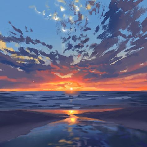 Sunset Environment Concept Art, Ocean Landscape Watercolor, Landscapes Procreate, Sunset Character Design, Sunset Drawing Aesthetic, Sunset Drawing Digital, How To Draw A Sunset, Sunset Lighting Reference, Sunset Beach Drawing