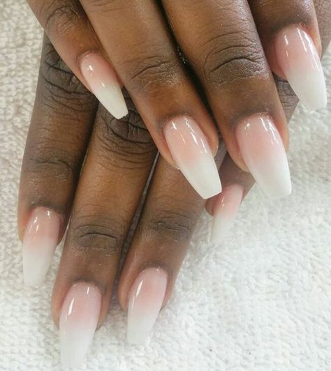 Coffin Ombre French Tip Nails, French Faded Nails, Medium Coffin Shape Nails Ombre, Trendy Nails French Tip Ombre, Faded White Tip Nails, Natural French Tip Acrylics, Ombre Nails On Brown Skin, Gel Nails Ombre Ideas, White Ambra Nails