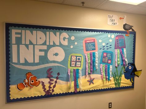 Finding Info Bulletin Board, Nemo Bulletin Board Ideas, Pixar Bulletin Board Ideas, Phineas And Ferb Bulletin Board, Disney Birthday Bulletin Board Ideas, Finding Nemo Bulletin Board Ideas, Finding Nemo Door Decorations, College Dorm Bulletin Board Ideas, Ra Board Themes