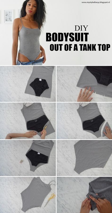 Here is a way to transform your old tank top into a bodysuit. Bodysuits are extremely trendy! With this tutorial you will save a lot... Clothing Upcycle Ideas, Altering Clothes Bigger, Diy Two Piece Outfit, Diy Outfit Ideas, Diy Bodysuit, Upcycling Ideas Clothes, No Sew Refashion, T Shirt Weaving, Pola Rok