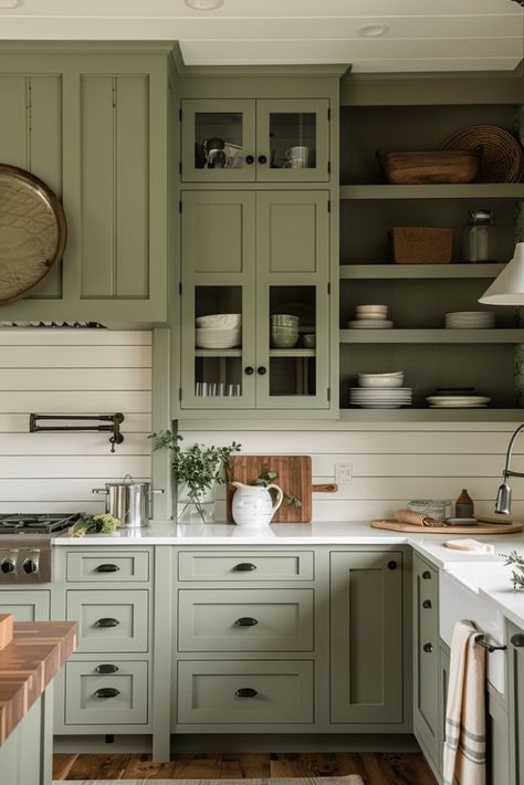 Sage Green French Country Kitchen, Green Stain Cabinets, Sage Green And Taupe Kitchen, Sage Cabinets Black Hardware, White Sage Kitchen Cabinets, Muted Green Cabinets, Soft Fern Kitchen Cabinets, Painted Kitchen Cabinets Colors Green, Greyish Green Kitchen Cabinets