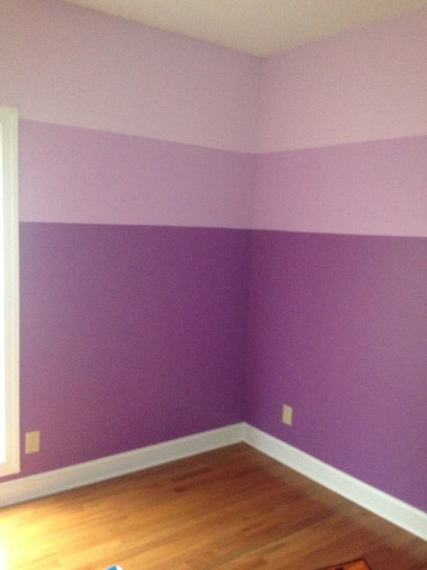 The girls' ombré purple bedroom I painted!  I used the lightest and darkest colors on a paint card. Then mixed both for the middle color.   Top half of room in lighter, bottom half in darker then painted middle section over both light and dark using trim tape. The girls love it!!! Bedroom Purple, Bilik Idaman, Baby Room Colors, Purple Bedrooms, Purple Bedroom, Purple Rooms, Purple Paint, Purple Walls, Room Color Schemes