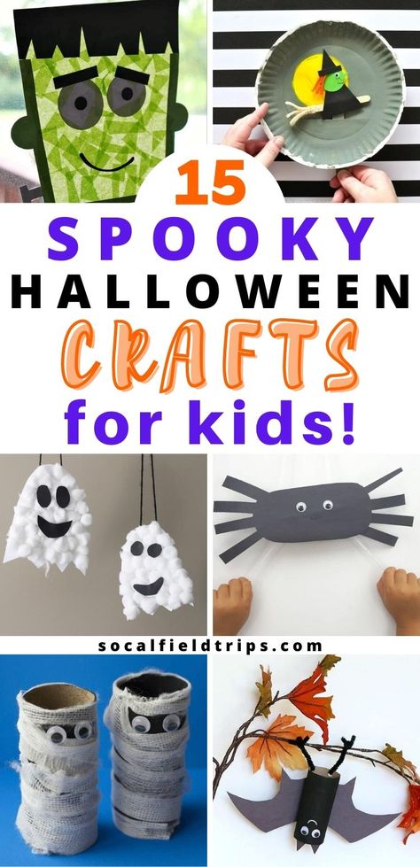 Check out this list of 15 Spooky Halloween Crafts For Kids for some fresh ideas and inspiration to celebrate the goolish holiday! They are perfect for toddlers, preschoolers and even elementary school age children. #halloween #fall #craft #diy #halloweencraft #fallcraft #kidscraft #preschoolscraft Halloween School Crafts, Halloweenpyssel Barn, Spooky Halloween Crafts, Classroom Halloween Party, Halloween Art Projects, Halloween Kindergarten, Halloween Crafts Preschool, Halloween Arts And Crafts, Halloween Classroom