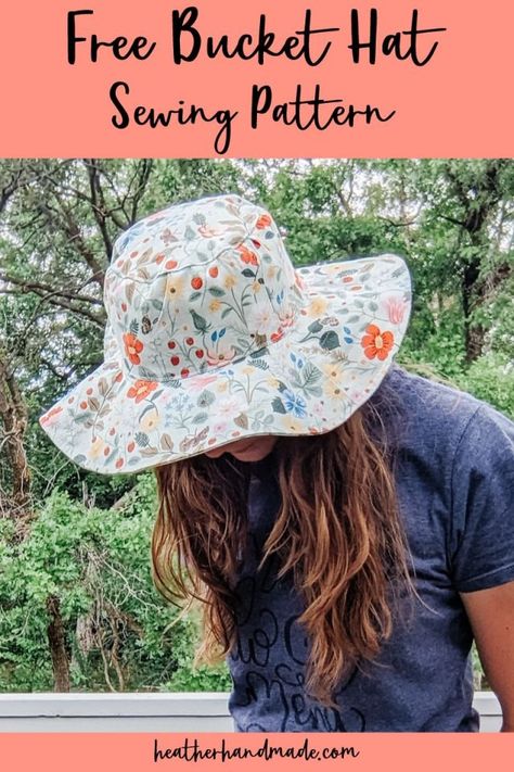 Free Bucket Hat Sewing Pattern • Heather Handmade Patchwork, Sun Bonnet Pattern Free, Wide Brim Sun Hat Pattern, Dog Hat Pattern Sewing, Garden Sewing Projects, Diy Sunhat, How To Make A Bucket Hat, Bucket Hat Sewing Pattern, Bucket Hat Sewing
