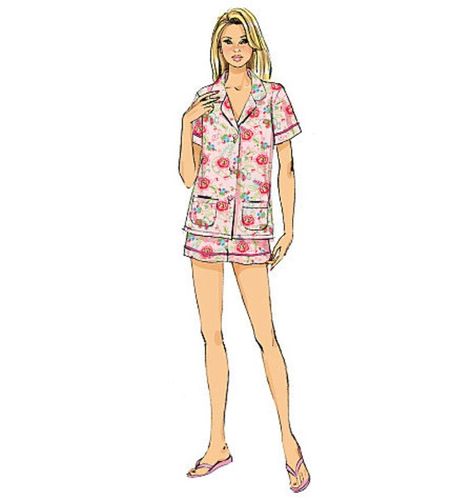 MISSES' TOP, SHORTS AND PANTS: Very loose-fitting top has collar, forward shoulder seams, pockets, and stitched hems. B: Pocket bands. Straight-leg shorts and pants (below waist) have elasticized waistband, side-front pockets, and yoke back. Sleeves A, B and hems C, D: Bands. Purchased piping. Designed for lightweight woven fabrics and stable knits. NEW AND UNUSED Couture, Nightwear Illustration, Sleepwear Sewing Pattern, Button Up Pajamas, Nightgown Pattern, Diy Sewing Tutorials, Pajama Pattern, Sewing Clothing, Classic Pajamas