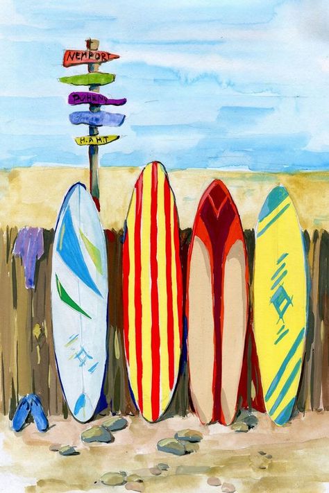 Cool Drawing Projects, Easy Surf Painting Ideas, Surfboard Acrylic Painting, Cool Painting Aesthetic, Surf Paintings Easy, Cute Painting Ideas Canvas, Friend Watercolor Painting, Surfing Painting Ideas, Beach Wall Painting Ideas