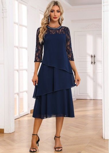 Couture, Navy Dress Outfit Wedding, Elegant Mother Of The Bride Dresses Classy, Mum Wedding, Quarter Length Sleeve Dress, Lace Panel Dress, Flowy Design, Round Neck Dress, Dresses Classy