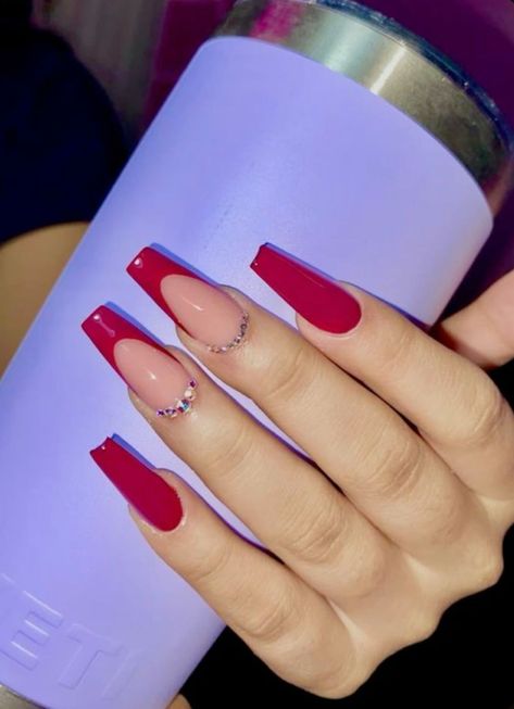 Graduation Nails Acrylic Red And White, Dark Red Nails Acrylic Design, Red Nail Sets, Red Nails Coffin, Cute Red Nails, Red Acrylic Nails, French Tip Acrylic Nails, Work Nails, Classy Acrylic Nails