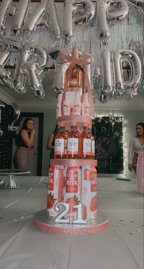 Pink alcohol tower for 21st Birthday 21 Birthday Bar Ideas, 21st Birthday Office Decorations, Outside 21st Birthday Party, Birthday 21st Ideas, 21st Birthday Gifts Ideas For Her, 21st Birthday Ideas Suprise, 21st B Day Gift Ideas, Best Friends 21st Birthday, Bestie 21st Birthday Gifts