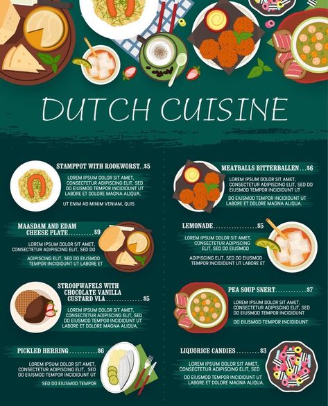 Dutch cuisine menu or Netherlands food dishes Dutch Cuisine The Netherlands, Asian Food Party, Yummy Asian Food, Netherlands Food, Dutch Cuisine, Authentic Asian Recipes, Food Doodles, Vector Frame, Food Menu Design