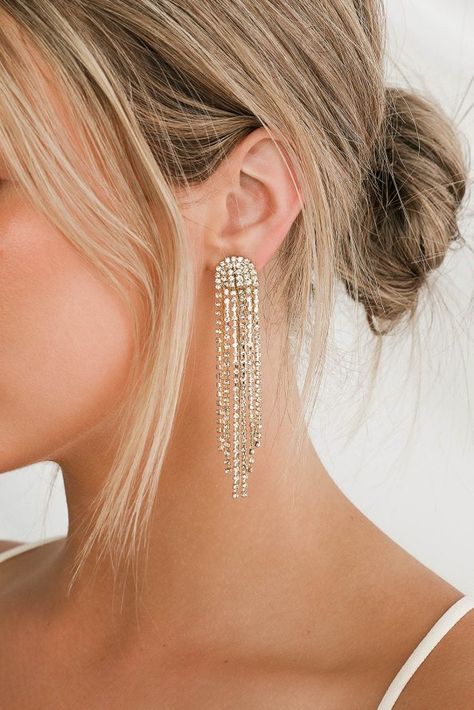 Gold Earrings Prom, Prom Jewelry Earrings, Rhinestone Tassel Earrings, Gold Rhinestone Earrings, Formal Earrings, Gold Snake Chain, Prom Earrings, Prom Jewelry, Gold Statement Earrings