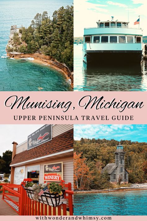 September is a beautiful month to visit Michigan’s upper peninsula! Munising and nearby Au Train are home to dozens of cozy vacation lodges and cabins, just 20 minutes drive from the Pictured Rocks National Lakeshore. Take a glass bottom boat tour to spot underwater shipwrecks, photograph the area's many lighthouses and waterfalls, and sample U.P. wine, mead, poutine, and deep fried cheese curds. Picture Rocks Michigan Upper Peninsula, Au Train Michigan, Picture Rocks Michigan, Upper Peninsula Michigan Road Trips, Lake Michigan Circle Tour, Deep Fried Cheese Curds, Pictured Rocks Michigan, Cozy Vacation, Michigan Lake House