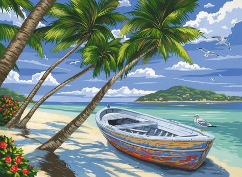Amazon.com - Reeves Tropical Beach Acrylic Painting by Numbers Set, Large - Art Plage, Images D'art, Diy Oils, Scenery Pictures, Beach Diy, Lukisan Cat Air, Paint By Number Kits, Acrylic Canvas, Beach Painting
