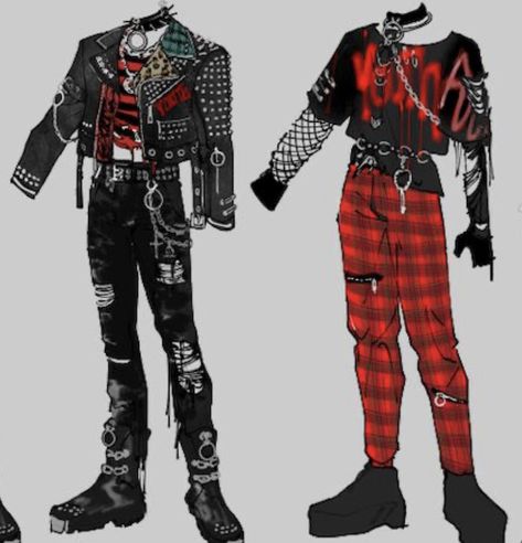 Goth Outfits Men Punk Rock, Skelton Outfits, Punk Outfit Reference, Red And Black Goth Outfits Men, Cool Oc Outfits, Punk Rock Inspired Outfits, 2000s Punk Aesthetic Outfits, Electropunk Fashion, Red And Black Punk Outfits Men