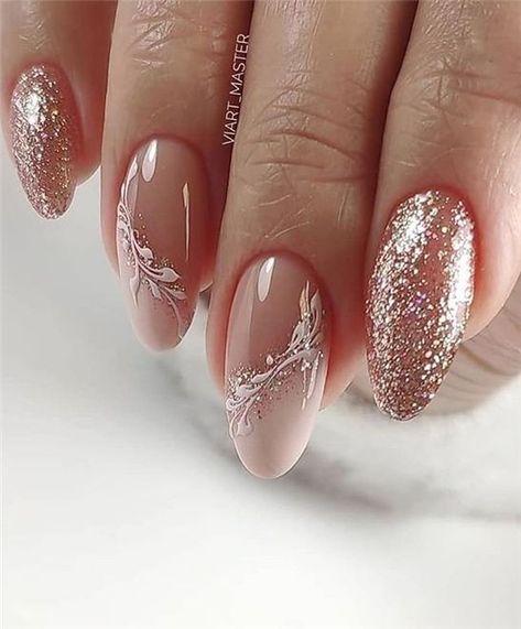 Trendy Nails Wedding, Natural Glitter Nail Designs, Grey Wedding Nails Bridesmaid, Almond Shape Nails For Wedding, Lace Tip Nails, December Wedding Nails, Ombre Wedding Nails Brides, Rose Gold Wedding Nails For Bride, Rustic Wedding Nails For Bride