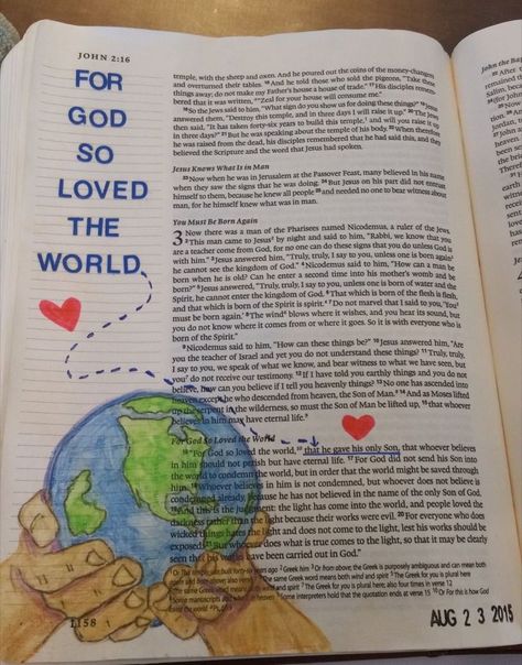 Bible journal idea for John 3:16 Humour, Scripture Doodle, Bible Journals, Scripture Journal, Bible Drawing, Bible Journaling Ideas Drawings, Bible Doodling, God So Loved The World, Inspire Bible Journaling