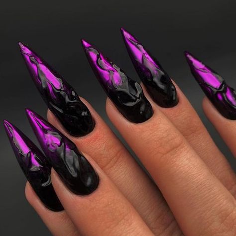 Marble Nails - Purple Black Acrylic Marble Nail Gothic Nails Purple, Goth Glitter Nails, Purple And Black Acrylic Nails, Dark Purple And Black Nails, Nails Black Purple, Purple Black Nails, Texture Nails, Black And Purple Nails, Nails Gothic