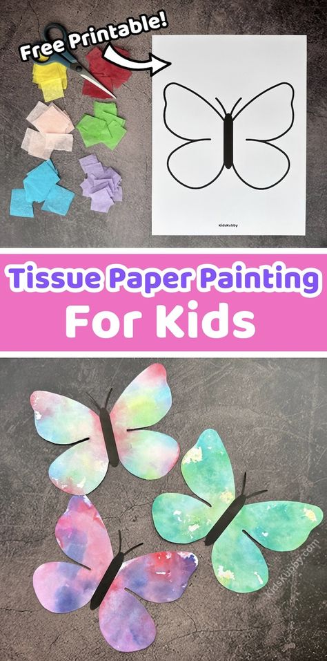 Tissue Paper Painted Butterfly Art Tissue Paper Craft Preschool, Butterfly Tissue Paper Craft, Paint Crafts For Preschoolers, Buterfluffy Craft, Butterfly Crafts For Preschool, Preschool Butterfly Crafts, Butterfly Art Preschool, Butterfly Activities For Toddlers, Paint With Tissue Paper