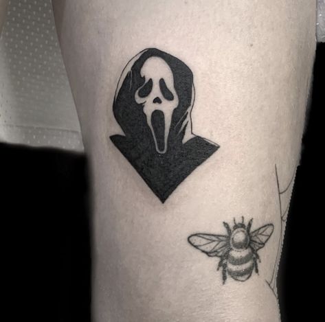 ghostface scream tattoo Mini Scream Tattoo, Horror Wrist Tattoo, Ghostface Arm Tattoo, Scream Tattoo Ghostface Small, Small Scream Tattoo, Horror Tattoo Small, Tattoo Ideas Horror Movies, Mini Horror Tattoos, Scream Movie Tattoo