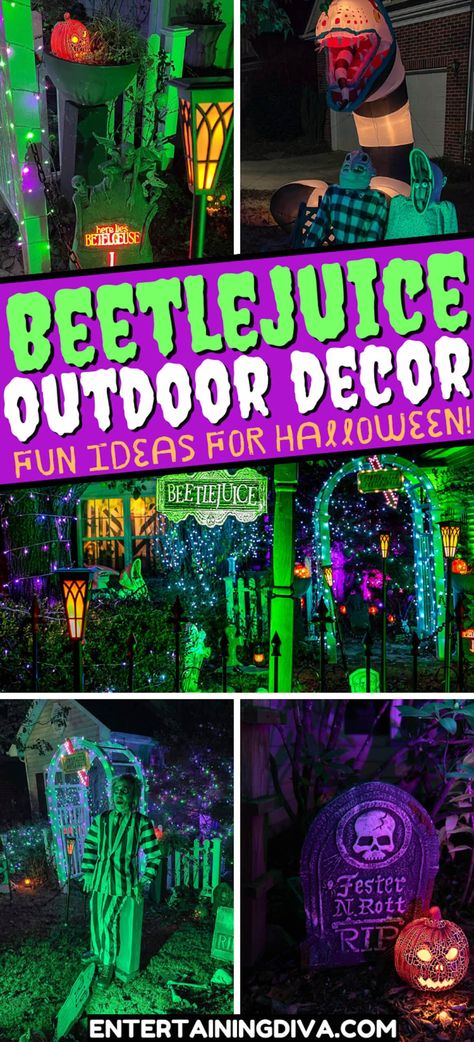 Beetlejuice Outdoor Decor Ideas For Your Halloween Yard | Halloween Spooky Halloween Yard, Beetlejuice House, Porche Halloween, Halloween Juice, Halloween Table Settings, Outdoor Decor Ideas, Halloween Lawn, Beetlejuice Halloween, Halloween Haunted House Decorations