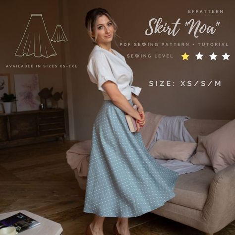 Long flared Noa skirt PDF sewing pattern Circle Skirt Sewing Pattern, Circle Skirt Sewing, Half Circle Skirt, White Polka Dot Skirt, Skirt Linen, Skirt Sewing Pattern, Machines Fabric, How To Make Skirt, Skirt Sewing