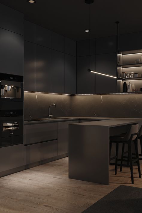 Modern Luxury Black Kitchen, Dark Minimalist Kitchen, Dark Minimalist Interior Design, Black And Grey Kitchen Ideas, Dark Grey Kitchen Ideas, Black Kitchen Aesthetic, Dark Modern Kitchen, Modern Dark Kitchen, Dark Modern House