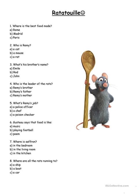 Ratatouille - English ESL Worksheets for distance learning and physical classrooms Learn English With Movies, Ratatouille Video, Ratatouille Film, Remy Ratatouille, Ratatouille Movie, Disney Movie Night Dinner, Ratatouille Disney, Classroom Pictures, Disney Movie Night