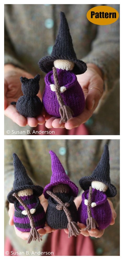 Little Witch Charm Set Knitting Pattern #knittingpattern  #halloweenpatterns  #witchcraft  #knittingdoll Halloween Knitting Patterns, Halloween Knitting, Halloween Witch Dolls, Knitting Patterns Toys, Christmas Knitting Patterns, Halloween Crochet, Bunny Toys, Halloween Patterns, Free Halloween