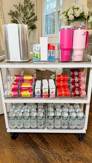 1.1M views · 48K reactions | New Drink Station Organization 🤩🤩 This beverage cart fits perfectly in our pantry but also works great as a drink station/snack area for parties and gatherings. #organization #organizedhome #pantryorganization #snackorganization #momlife #kitchenorganization #drinkorganization #foryou | Micah Enriquez | Lesley Gore · Misty Home Snack Station, Salon Beverage Station, Snack Area, Desk Snacks, Beverage Station Party, Diy Smoothies, Beverage Cart, Snack Cart, Lesley Gore