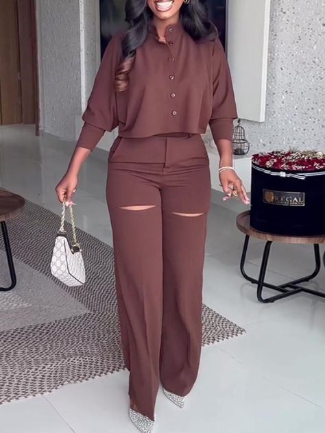 Trouser And Top For Ladies, Womens Fall Pants, Female Office, Mid Waist Pants, 2piece Outfits, Fall Pants, Button Blouse, Brown Outfit, Pant Sets