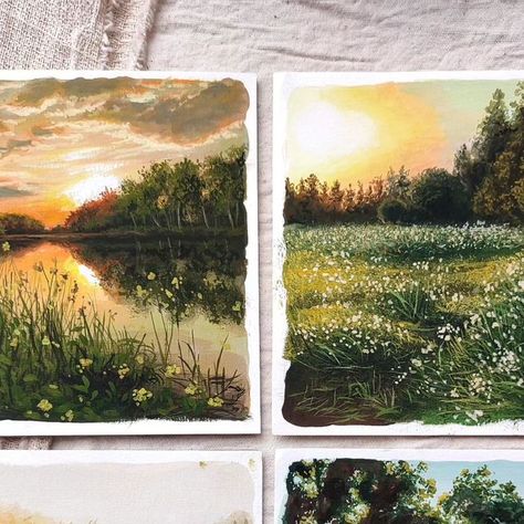 𝐅𝐢𝐟𝐢𝐚 𝐏. 𝐍𝐚𝐛𝐢𝐥𝐚 | Gouache Artist on Instagram: "Sunrise series, which one is your favorite?💚  These painting now available on my shop☺" Watercolor Sunrise, Gouche Painting, Sunrise Painting, Large Canvas Painting, Acrylic Gouache, Gouache Art, Oil Pastel Art, Sketchbook Art Journal, Cute Paintings