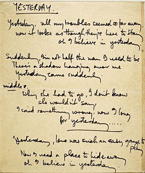 Yesterday handwritten Lyrics Yesterday Lyrics, Mccartney Family, Best Songs Ever, Beatles Song Lyrics, Handwritten Lyrics, Famous Lyrics, Original Lyrics, Beatles Wallpaper, The Beatles Yesterday