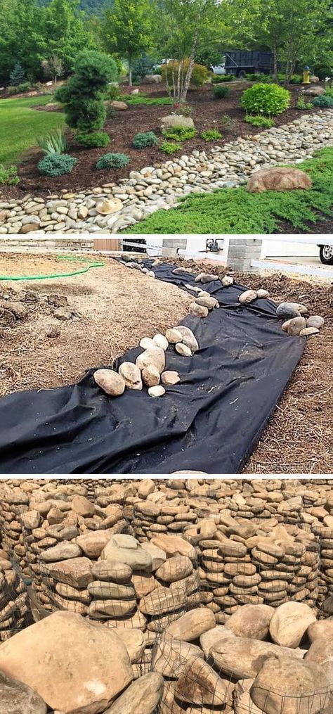 Dry Creek Bed Landscaping Plan - Farm.Food.Family Creek Bed Landscaping, Sloped Landscaping, House Drainage, Dry Pond, Dry Riverbed Landscaping, Rock Beds, Creek Landscaping, Best Landscape Design, Creek Ideas