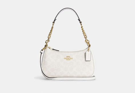 Teri Shoulder Bag In Signature Canvas Coach Purses White, Coach Teri Shoulder Bag In Signature Canvas, Coach Teri Shoulder Bag White, Coach White Shoulder Bag, Coach Side Bag, Coach Shoulder Bag Outfit, Coach White Bag, Coach Outlet Handbags, Coach Bags Handbags