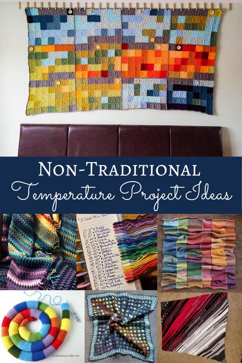 Learn how to make a temperature blanket and check out this list of awesome non-traditional temperature blanket and project ideas! Feelings Blanket Crochet, Weather Knitted Blanket, Knit Weather Blanket, Unique Temperature Blanket Crochet, Temperature Blanket Highs And Lows, Knitting Temperature Blanket, Corner To Corner Temperature Blanket, Crochet Granny Square Temperature Blanket, Temperature Afghan Crochet