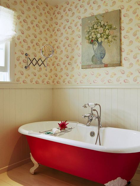 Bath with red tub. Like a painting come to life. Red Bath Tub, Bookshelf Dollhouse, Light Pink Decor, Red Bathroom Decor, Red Bath, Wainscoting Bathroom, Wainscoting Styles, Red Bathroom, Paisley Wallpaper