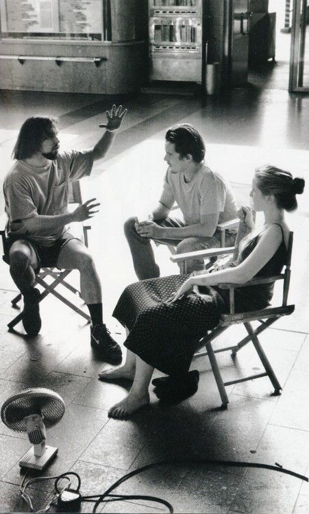 Richard Linklater, Ethan Hawke and Julie Delpy on set of "Before Sunrise". Person Sitting, Pen, Couple Photos, Canning