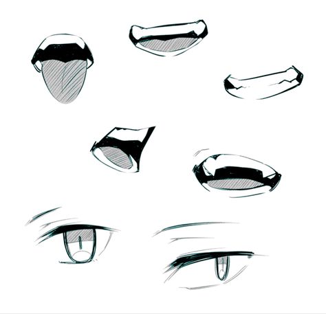 Teeth Anime Reference, Mouth And Eyes Drawing, How To Draw Anime Teeth, Anime Practice Sketches, How To Draw An Anime Mouth, Mouths Drawing Anime, Anime Eyes And Mouth Drawing, Eye And Mouth Drawing, Male Hairstyles Drawing Messy